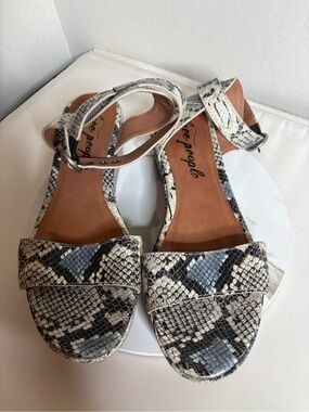 Free People Platform Snake-Print Ankle-Strap Sandals in Black & Cream